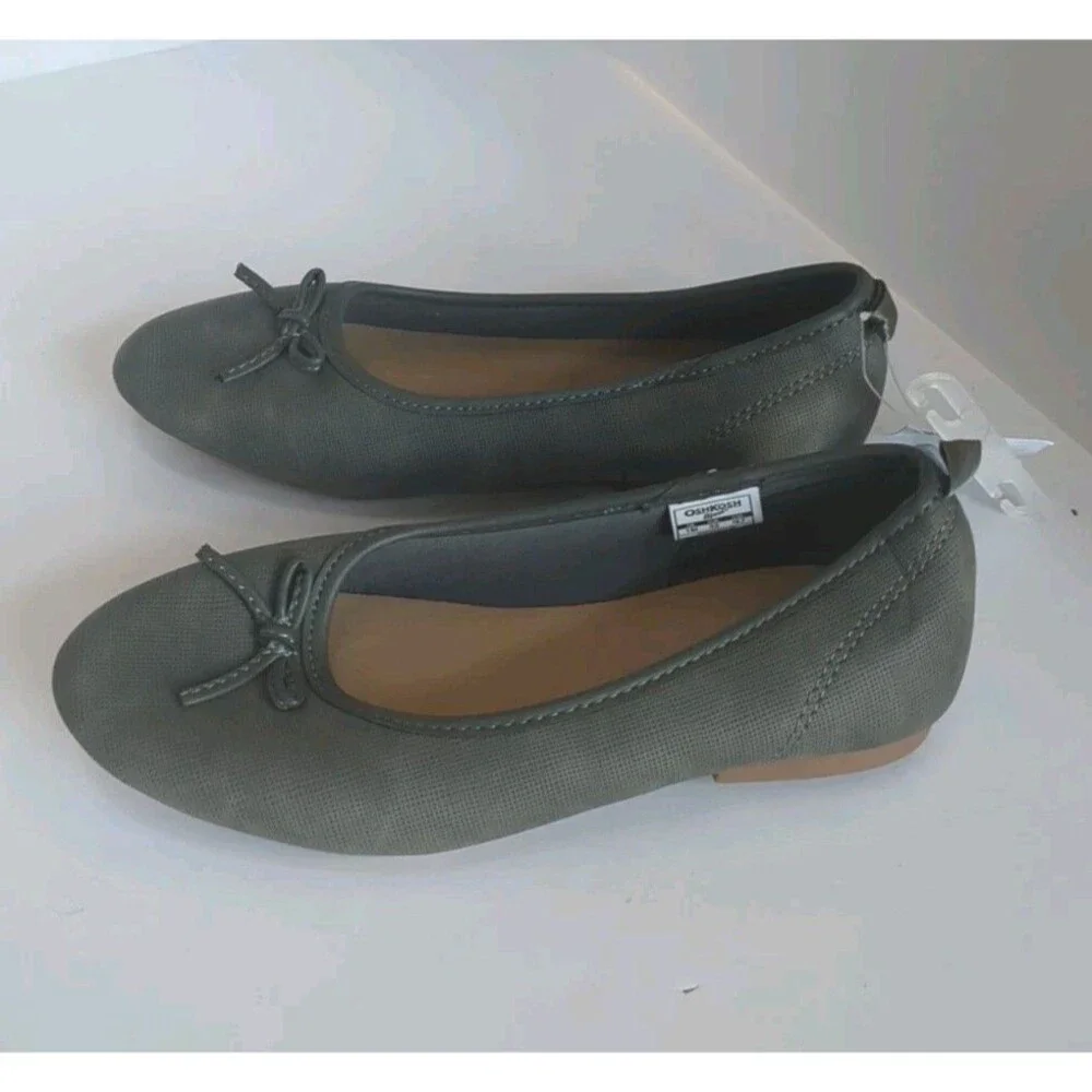 NWT Oshkosh Ballerina Flats Girls 1M Dress Sandals Bow Slip On Dark Grey NEW